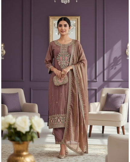 Kurti Connection USA mauve silk kurti pant and dupatta set with intricate floral embroidery. Festive ethnic wear.