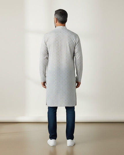 Kurti Connection USA men's light grey kurta shirt with subtle gold geometric pattern, mandarin collar, and relaxed fit.