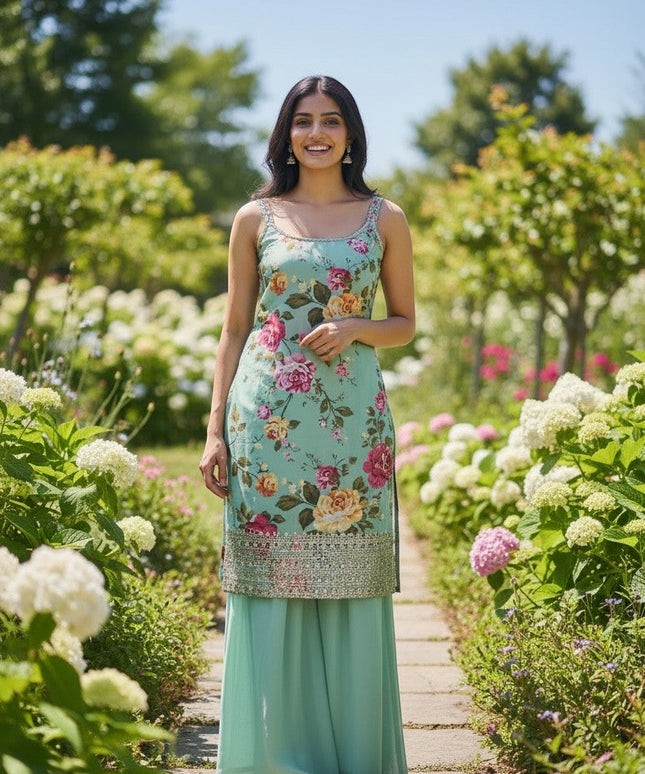 Kurti Connection USA mint green floral sleeveless kurti with sequin hem and palazzo pants.