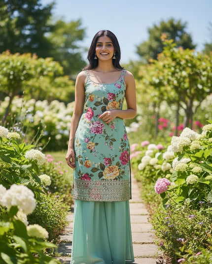 Kurti Connection USA mint green floral sleeveless kurti with sequin embellished hem and palazzo pants.