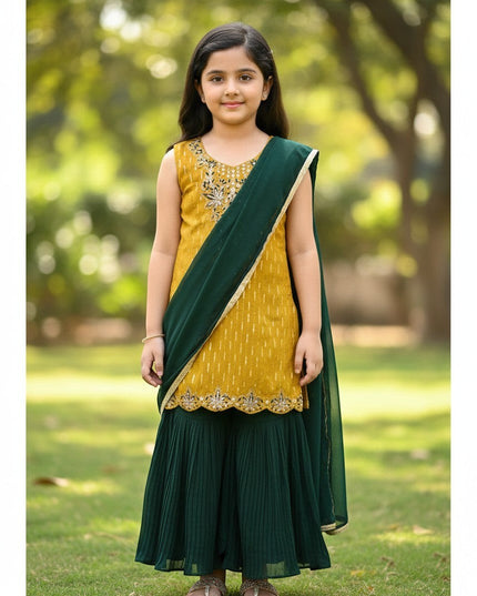 Kurti Connection USA girls mustard yellow and dark green sharara suit with intricate embroidery for age 6 to 7 years