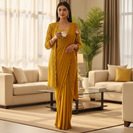 Kurti Connection USA mustard yellow saree with a sequin-embellished shrug and ruffle border in a modern living room
