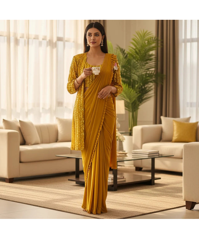 Kurti Connection USA mustard yellow saree with a sequin-embellished shrug and ruffle border in a modern living room