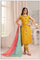 Kurti Connection USA mustard yellow sleeveless silk kurta set with floral trousers and a pink and turquoise dupatta.