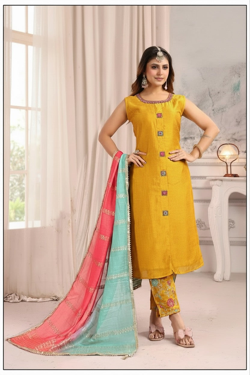 Kurti Connection USA mustard yellow sleeveless silk kurta set with floral trousers and a pink and turquoise dupatta.