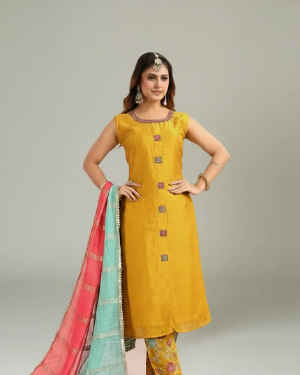 Kurti Connection USA mustard yellow sleeveless silk kurta set with embroidered placket and pink and turquoise dupatta