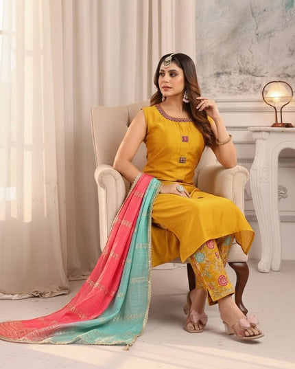 Model wearing a Kurti Connection USA mustard yellow sleeveless silk kurta set with floral trousers and dual-tone dupatta