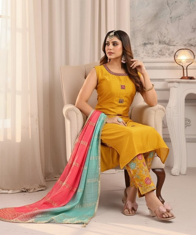 Model wearing a Kurti Connection USA mustard yellow sleeveless silk kurta set with floral trousers and dual-tone dupatta