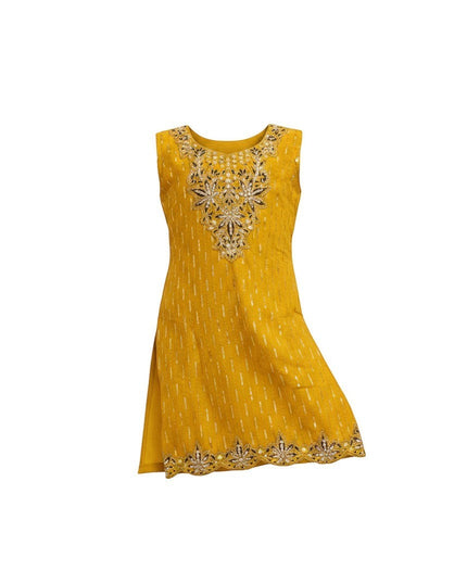 Kurti Connection USA mustard yellow sleeveless girls sharara suit with intricate gold embroidery and mirror work