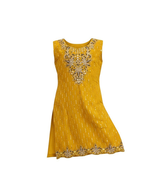 Kurti Connection USA mustard yellow sleeveless girls sharara suit with intricate gold embroidery and mirror work