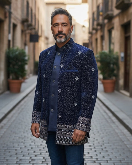 Kurti Connection USA navy blue Bandhgala jacket with intricate silver embroidery and patterned cuffs. Men's formal wear.