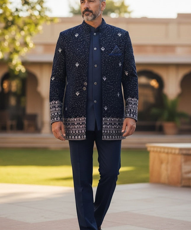 Kurti Connection USA navy blue Bandhgala jacket with intricate silver embroidery and patterned cuffs. Tailored fit, formal wear.