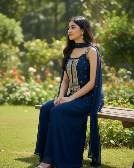 Kurti Connection USA navy blue georgette blend sleeveless palazzo suit with gold embroidery on yoke and matching scarf.