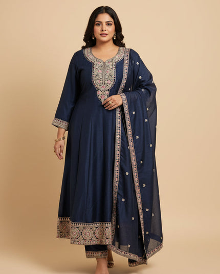 Kurti Connection USA navy blue embroidered kurti set with matching dupatta and trousers on a model