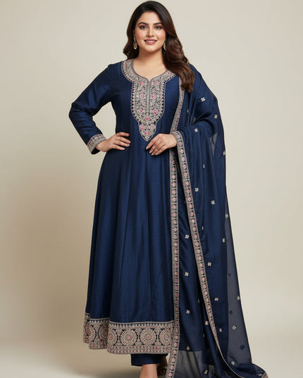 Kurti Connection USA navy blue flared kurti set with multi-colored floral embroidery and matching dupatta