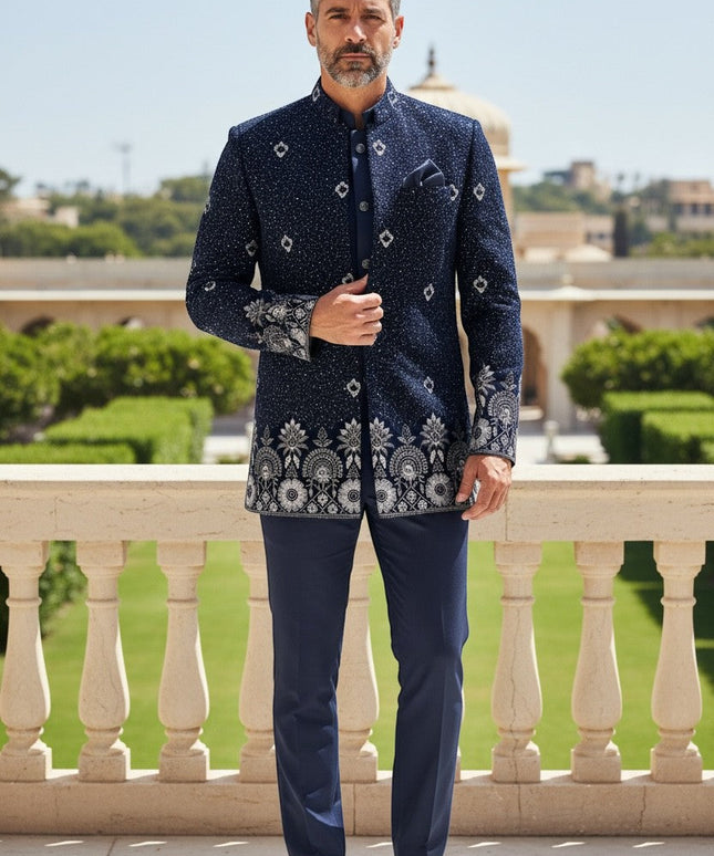 Kurti Connection USA navy blue embroidered Bandhgala suit with silver detailing on collar, cuffs, and hem. Model wears matching trousers.
