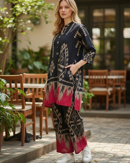 Kurti Connection USA navy tunic and trouser set with geometric beige and pink patterns, mandarin collar, and pockets.