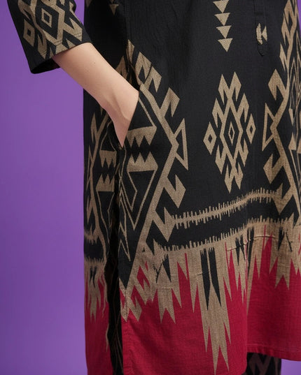 Kurti Connection USA navy tunic with beige geometric patterns and pink hem detail featuring side pocket