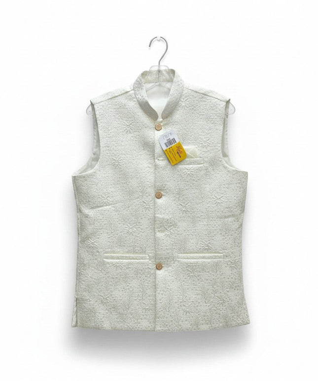 Kurti Connection USA off-white floral embroidered Nehru jacket for men with a structured fit and button closure.