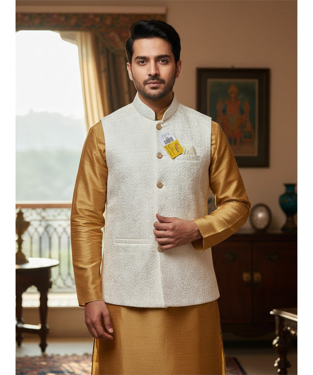 Kurti Connection USA off-white textured Nehru jacket worn over a gold silk kurta by a man in a formal setting.