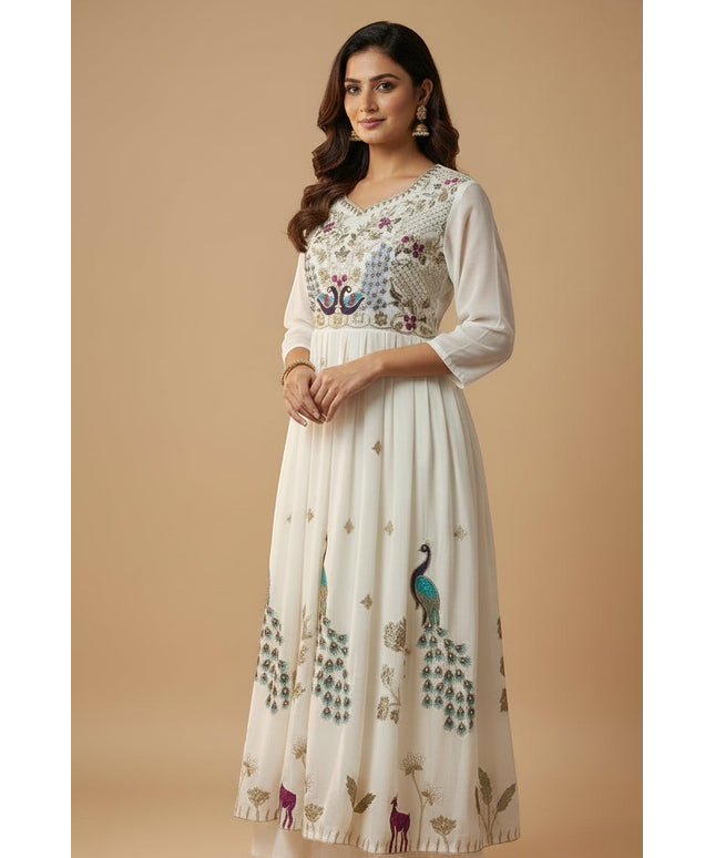 Kurti Connection USA off-white Anarkali dress with vibrant peacock embroidery, V-neckline, and three-quarter sleeves.