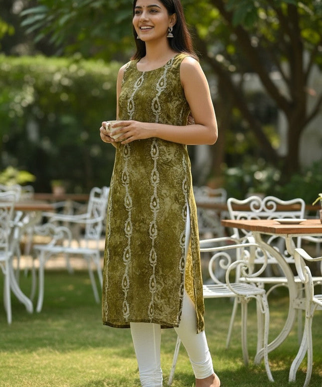 Kurti Connection USA sleeveless olive green printed straight kurti with white leggings and gold sandals, worn by a woman outdoors.