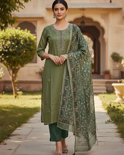 Kurti Connection USA olive green silk salwar suit with intricate embroidery and a matching printed dupatta