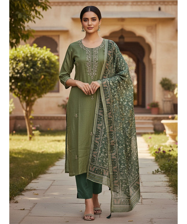 Kurti Connection USA olive green silk salwar suit with intricate embroidery and a matching printed dupatta