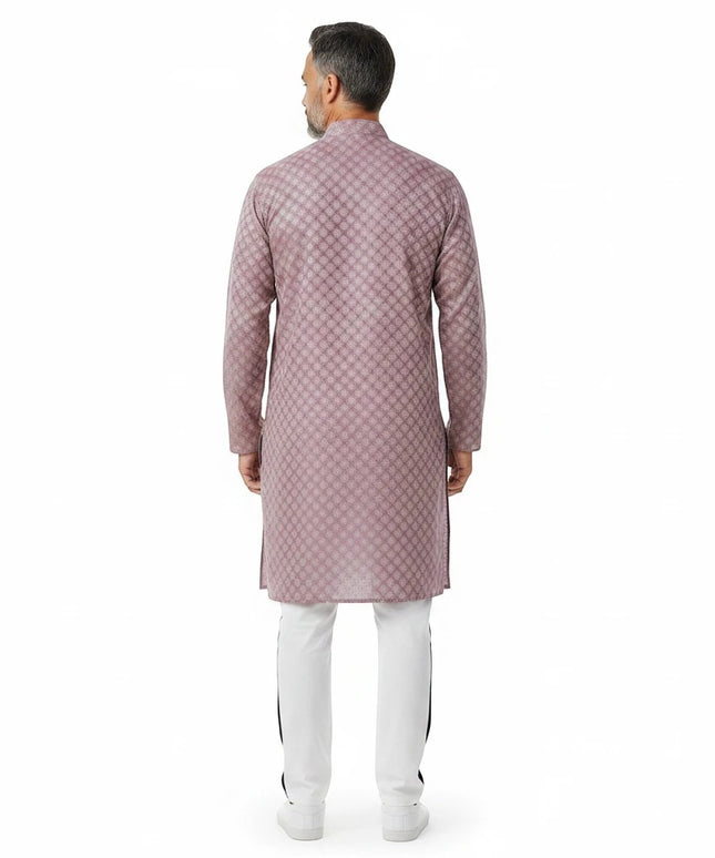 Man wearing a Kurti Connection USA onion pink patterned kurta with white trousers, back view