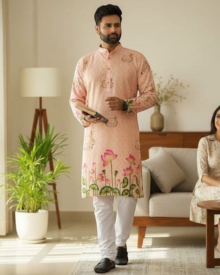 Kurti Connection USA men's peach floral print kurta with white pants, mandarin collar, button-down front, lotus motif.