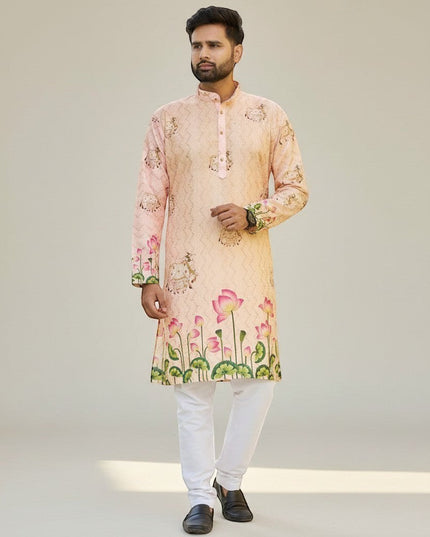 Kurti Connection USA men's peach floral print kurta with white pants. Mandarin collar, button-down front, lotus motif.