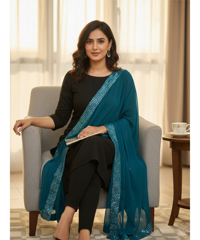 Kurti Connection USA peacock blue dupatta with a shimmering sequin border draped over a black ethnic outfit