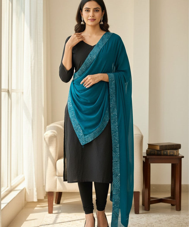 Kurti Connection USA peacock blue dupatta with sequin border draped over a black kurta on a woman