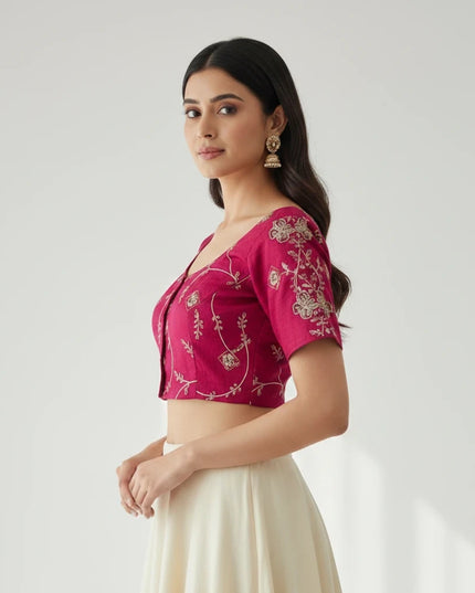 Kurti Connection USA hot pink ethnic blouse with gold floral embroidery, scoop neckline, and short sleeves.