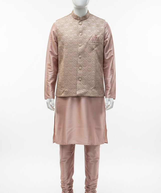 Kurti Connection USA pink kurta set featuring a sleeveless jacket with intricate embroidery and matching trousers