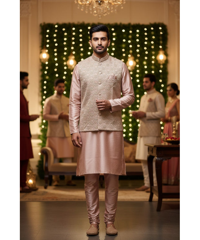Kurti Connection USA pink kurta set with embroidered jacket and matching pants worn by a man in a festive setting.
