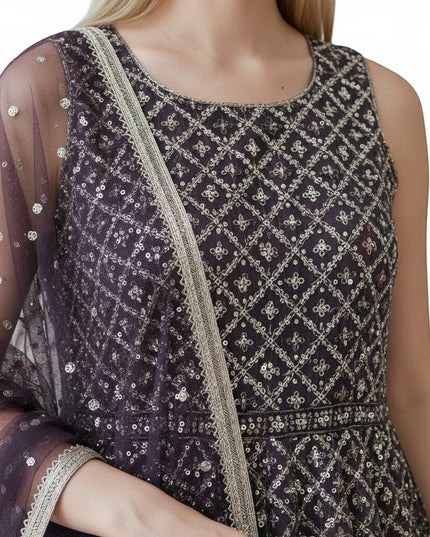 Kurti Connection USA sleeveless plum Anarkali gown featuring intricate geometric embroidery and sequin detailing.