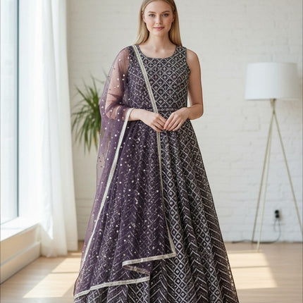 Kurti Connection USA sleeveless plum Anarkali gown with geometric embroidery, sequin work, and a matching sheer dupatta