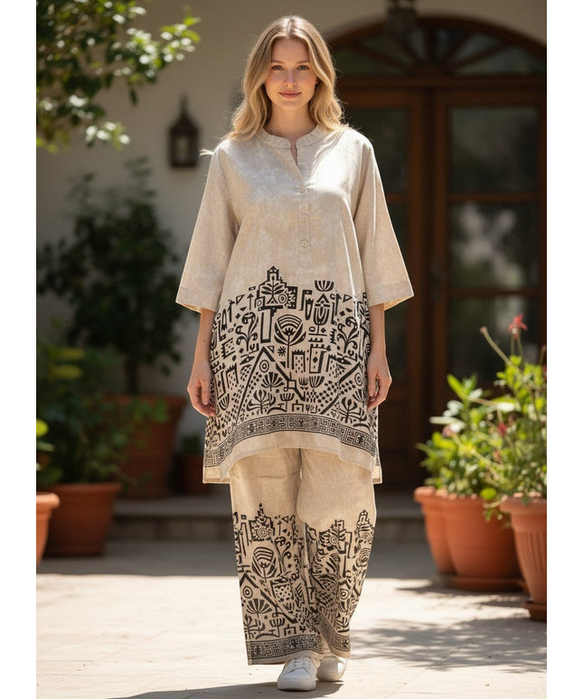 Kurti Connection USA beige kurti and pant set with black geometric botanical print, mandarin collar, and wide legs.