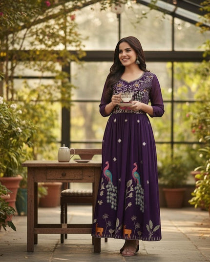 Kurti Connection USA purple georgette Anarkali gown with peacock embroidery on bodice and skirt, perfect for festive occasions.