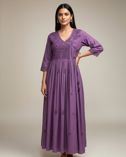 Kurti Connection USA purple embroidered wrap maxi dress with V-neck and flowing skirt.