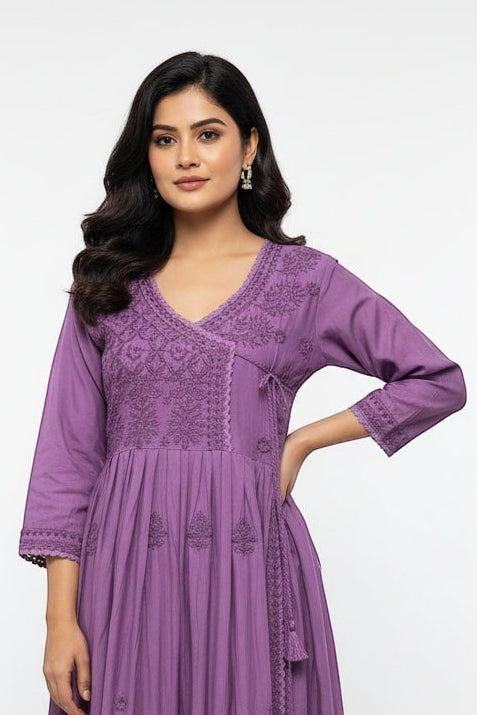 Kurti Connection USA purple embroidered wrap maxi dress with V-neck and 3/4 sleeves.