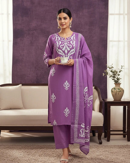 Kurti Connection USA purple three-piece suit set with white block-print motifs, matching trousers, and dupatta.