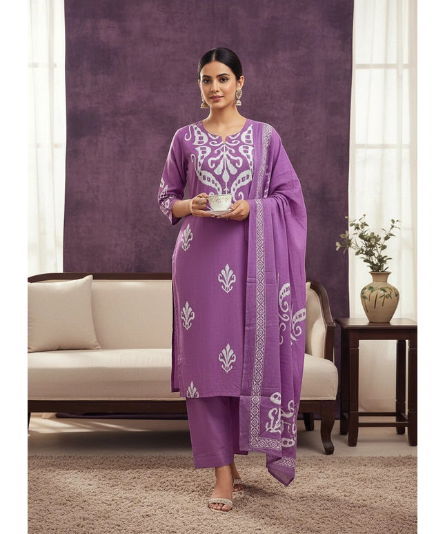 Kurti Connection USA purple three-piece suit set with white block-print motifs, matching trousers, and dupatta.