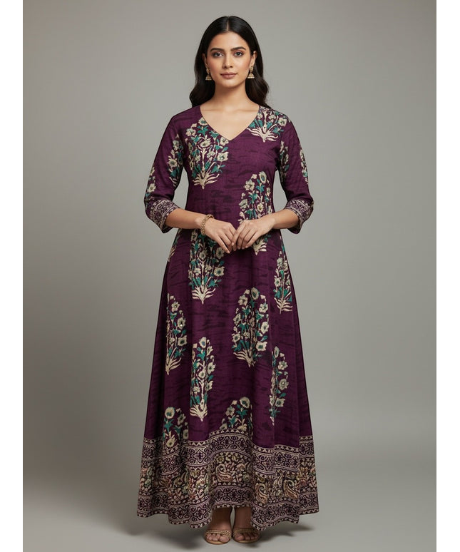 Kurti Connection USA deep purple floral print long ethnic kurti dress with V-neck and three-quarter sleeves
