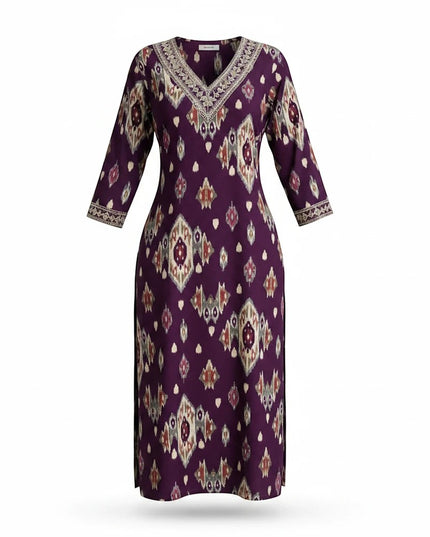 Kurti Connection USA purple ikat-print kurti with V-neckline and intricate embroidery for festive occasions