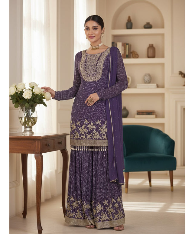 Kurti Connection USA purple Georgette sharara suit with intricate gold embroidery and traditional Bandhani print.