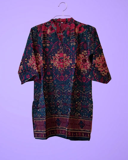 Kurti Connection USA rayon co-ord set featuring a dark blue and red intricate ethnic print with a mandarin collar.