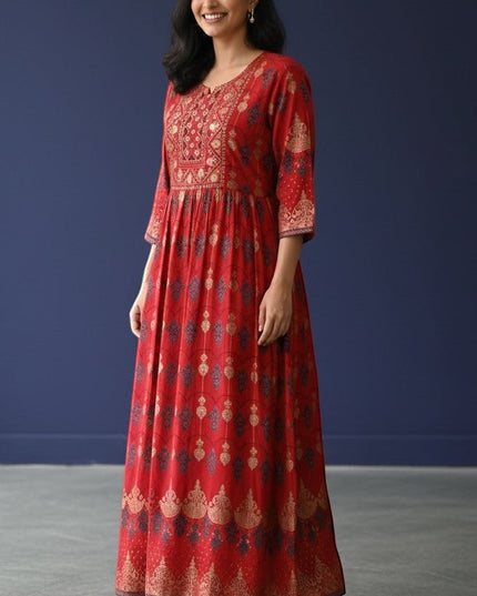 Kurti Connection USA red Anarkali kurti with gold and navy blue prints, detailed yoke, and flowing flare.