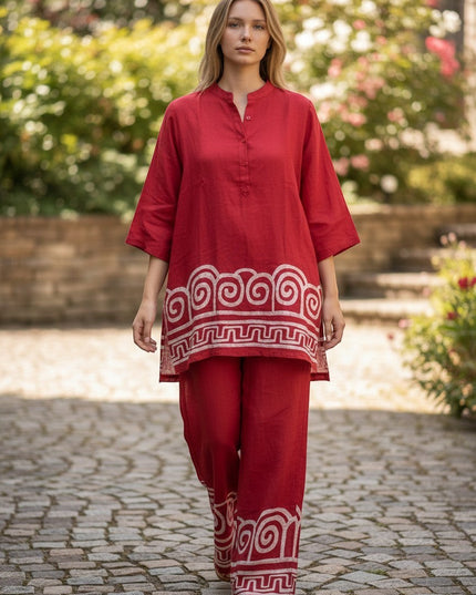 Kurti Connection USA red kurti and pant set with white geometric hem patterns, mandarin collar, and relaxed fit.